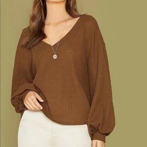 Lantern Sleeve Rib-knit Top